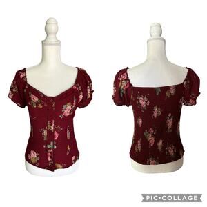 E Hanger M Peasant Red Smocked Back Sweetheart Neckline Blouse Size Large